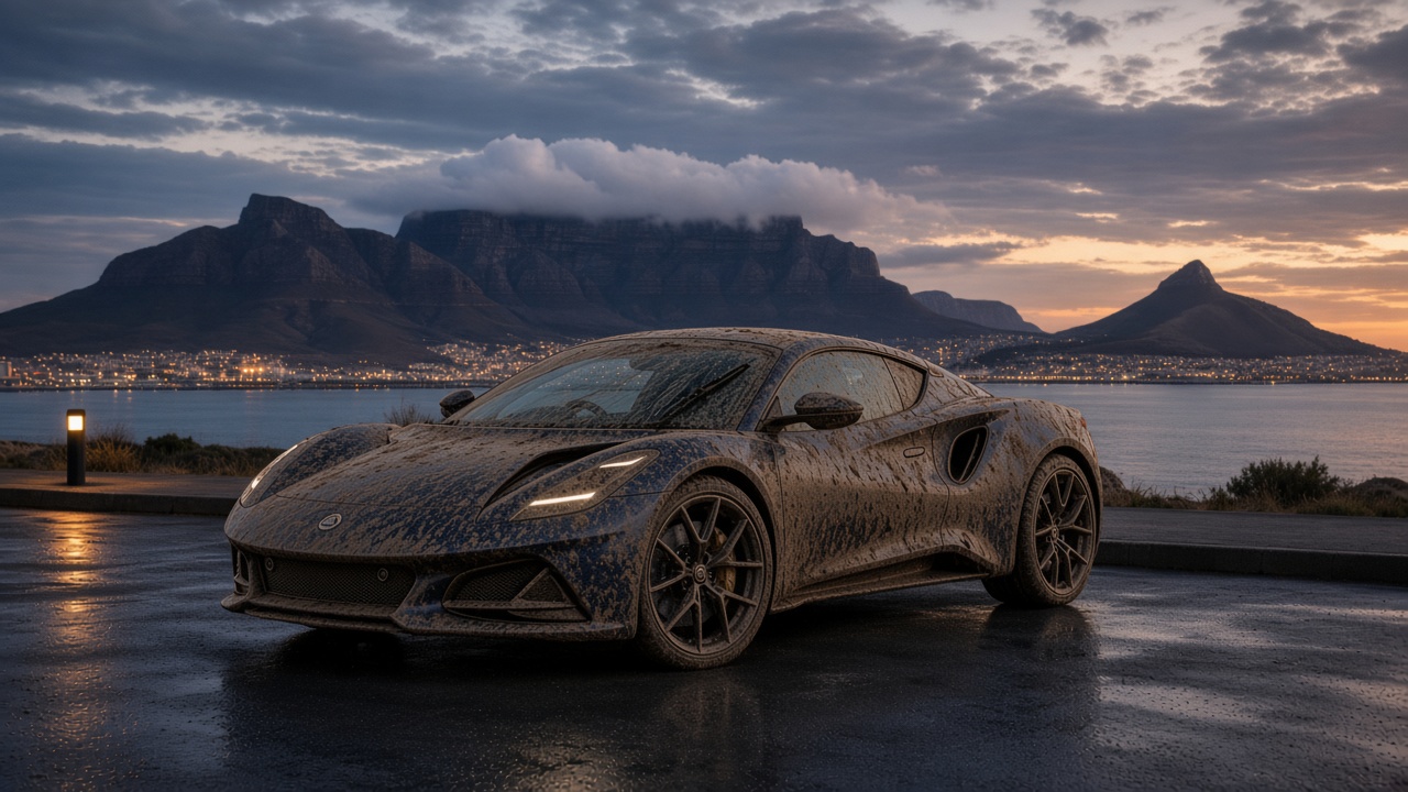 Supercar covered in road dust and mud in front of Table Mountain, before detailing